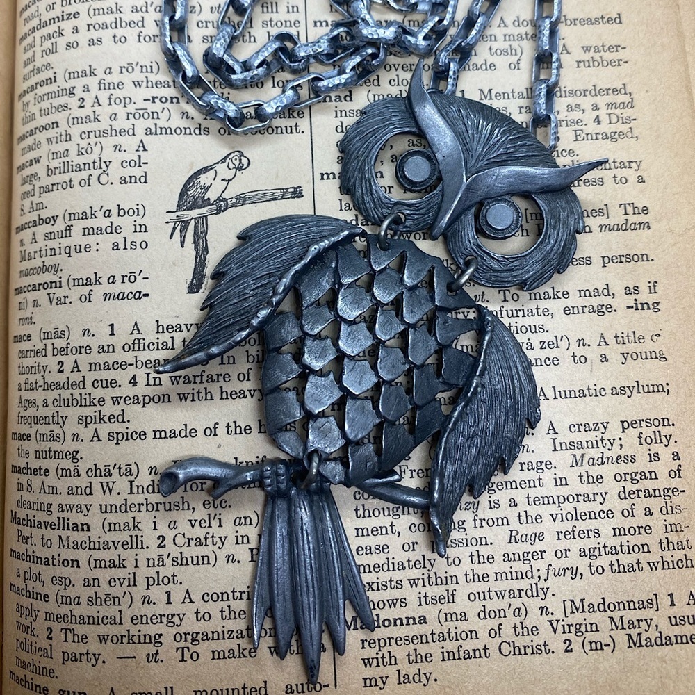 Vintage Articulated Pewter Owl Pendant Necklace